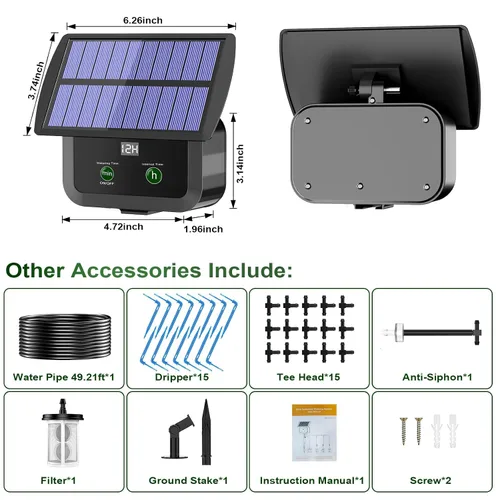 Miniatura 9 de Kit de sistema de riego por goteo solar con pantalla LCD, 30 modos de trabajo y 10 intervalos de riego, kit de riego por goteo alimentado por