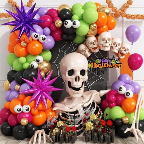 Miniatura 10 de Kit de arco de guirnalda de globos de Halloween, globos de papel de aluminio de fantasma y globo ocular grande con globos negros, naranjas, morados