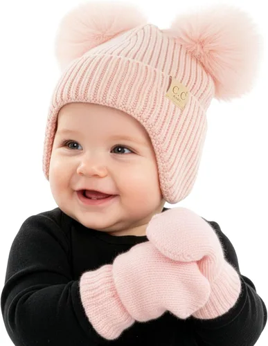 Miniatura 24 de Funky Junque Conjunto de gorro y mitones con doble pompón de pelo sintético para bebé – Gorro de invierno para recién nacidos de 0–9 meses