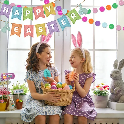 Miniatura 5 de AhfuLife Juego de decoraciones de Pascua, pancarta de papel de conejo de Pascua, pistas de búsqueda de huevos de Pascua con palos y patas de conejo