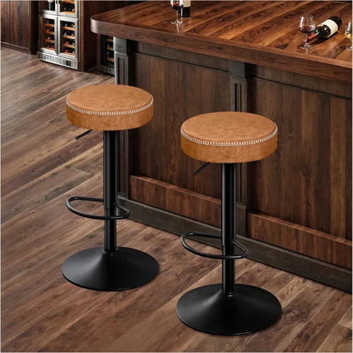 Miniatura 11 de STOOLINK Juego de 2 taburetes de bar ajustables sin respaldo de cocina con asiento redondo, taburetes de bar giratorios de 360° de altura de Gris