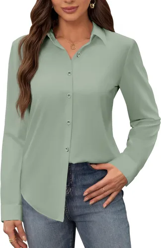 Miniatura 34 de Siliteelon - Camisas de vestir para mujer, a prueba de manchas, sin arrugas, de manga larga, sólidas, para trabajo y negocios, con botones
