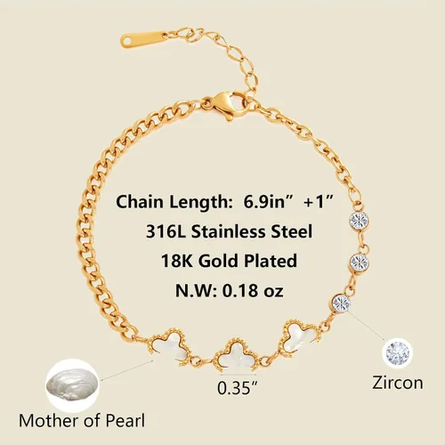 Miniatura 5 de FIORICASA Pulsera de trébol de cuatro hojas para mujer, chapada en oro de 18 quilates, pulsera ajustable
