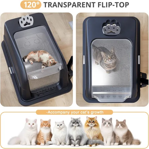 Miniatura 8 de Caja de arena para gatos de acero inoxidable con tapa, caja de arena grande XL cerrada para gatos de alta cara, caja de metal para gatos con tapa