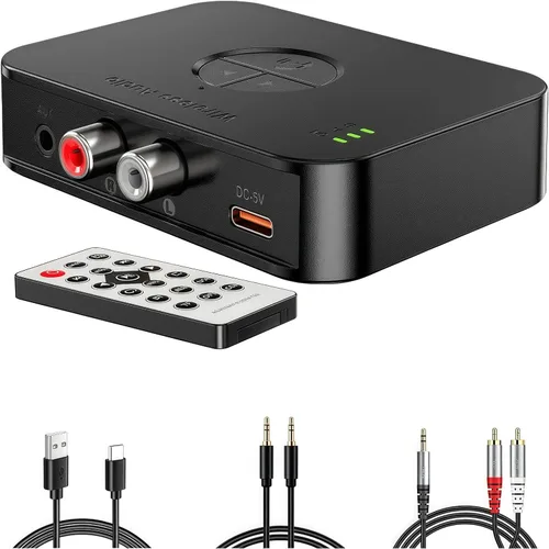 Receptor Bluetooth 5.4 con salidas USB/AUX/RCA, receptor de audio inalámbrico de alta fidelidad con control remoto, reproducción USB y alimentación