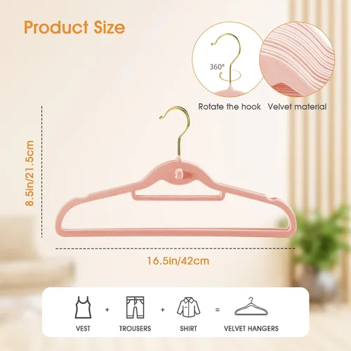 Miniatura 2 de Perchas de terciopelo resistentes para ropa, paquete de 20 unidades, color rosa claro, delgadas, apilables, antideslizantes, con gancho dorado