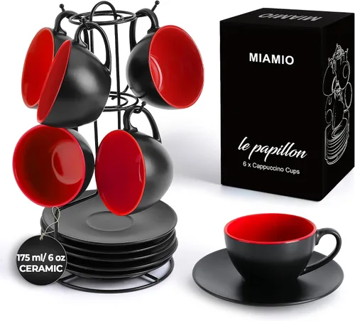 Miniatura 7 de MIAMIO - Juego de 6 tazas de capuchino apilables de cerámica / tazas de capuchino de 6 onzas y platillo con soporte de metal para bebidas de café
