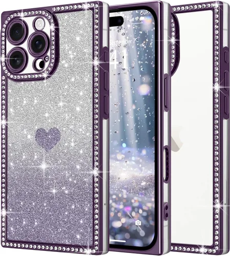 Miniatura 14 de Funda para iPhone 13, funda de diamantes de imitación de lujo con patrón de corazón de amor de cristal [papel con purpurina extraíble], parachoques