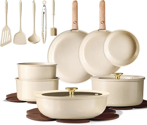 CAROTE Juego de 22 ollas y sartenes antiadherentes, juego de utensilios de cocina de cerámica, juego de cocina de RV con asas extraíbles, apto para