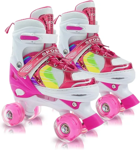 Adjustable Kids Roller Skates for Girls and Boys Ages 3-5 5-8 8-12, All 8 Wheels of Girl's Skates Shine, Safe and Fun Illuminating for Outdoor Rosa