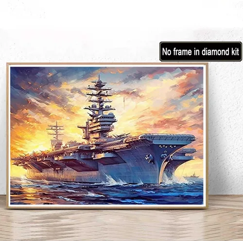 Miniatura 2 de Pintura artística de diamante, portaaviones, buque de guerra, Segunda Guerra Mundial, tema militar, kit de ventilador del ejército para adultos