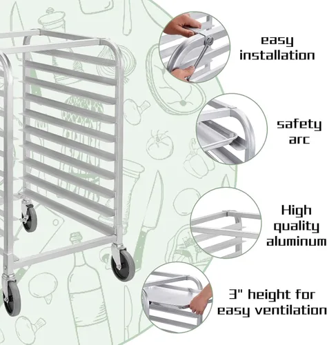 Miniatura 3 de HALLY SINKS & TABLES H Estante para panecillos de 10 niveles con ruedas, estante comercial de aluminio para panadería completa y media hoja, cocina