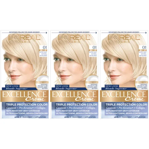 L'Oréal Paris Excellence Creme - Coloración permanente para el cabello, rubio ceniza extraclaro 01, paquete de 3 unidades