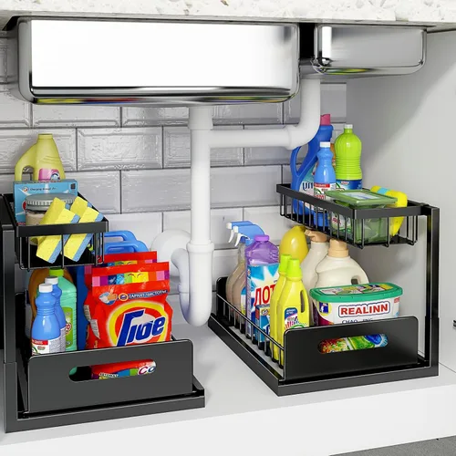 Miniatura 11 de REALINN Organizador para debajo del fregadero, armario extraíble de almacenamiento de 2 niveles, estante deslizante para fregadero, organizadores