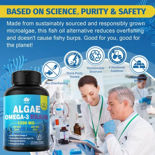 Miniatura 8 de Suplemento vegano Omega 3, Omega 3 DHA EPA a base de plantas con B12, B6, B9, vitamina E, Bacopa Monnieri, Ginkgo Biloba, 120 unidades de aceite