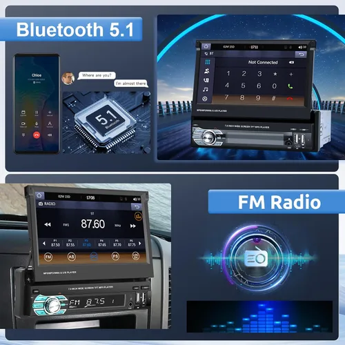 Miniatura 4 de Rimoody - Estéreo inalámbrico para automóvil con Bluetooth, pantalla táctil abatible de 7 pulgadas, reproductor MP5, compatible con Android Auto