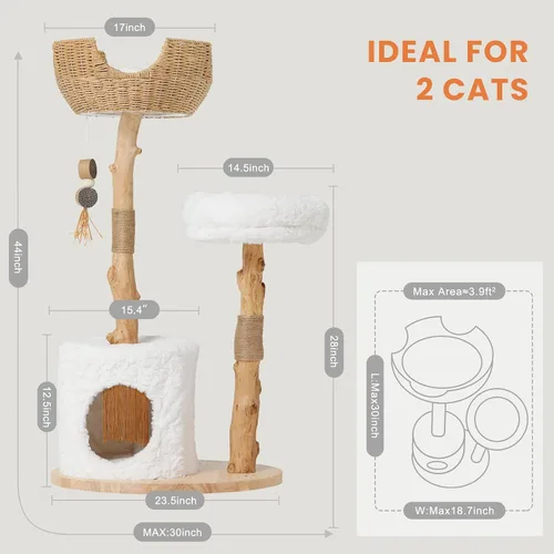Miniatura 7 de PEGIC - Torre para gatos de ramas naturales de 44 pulgadas, árbol alto de varios niveles para gatos Plataformas cortas de felpa, nido de mimbre