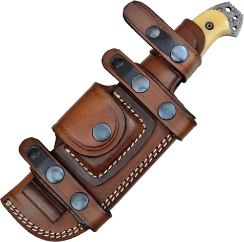 Miniatura 12 de Ottoza Cuchillo de caza de hoja fija con funda de cuero y transporte horizontal, cuchillo de supervivencia y campamento al aire libre de espiga