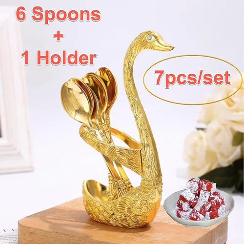 Miniatura 7 de Swan Spoon Eid - Juego de cubiertos de cuchara pequeña – Cubertería festiva de lujo, decoración moderna con soporte de 7 piezas (dorado)