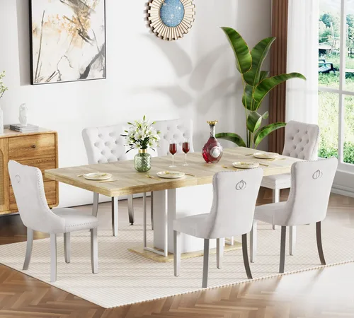 Miniatura 45 de Juego de mesa de comedor extensible de 5 piezas, juego de mesa de comedor extensible de estilo granja para 4, mesa de cocina expandible de madera
