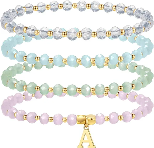 IEFWELL Pulseras con iniciales para niñas y niños – Juego de 4 pulseras de cristal rosa/azul/blanco/verde, pulsera elástica para niños, joyería para