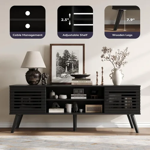 Miniatura 4 de Furnify Soporte de TV moderno de mediados de siglo de 53 pulgadas para TV de 50/55/60 pulgadas, consola multimedia de TV con puertas de listones