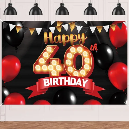 Miniatura 16 de FlagY-Bn-14 - Cartel de feliz cumpleaños número 14, decoración de pancarta negra, telón de fondo dorado, globos rojos y negros, decoración temática