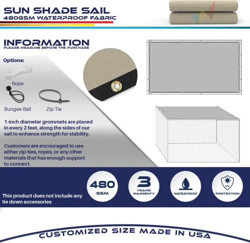Miniatura 4 de Windscreen4less 2 x 2 pies, toldo de sol resistente de 480GSM impermeable con borde recto para toldo al aire libre, bloque UV para césped, patio