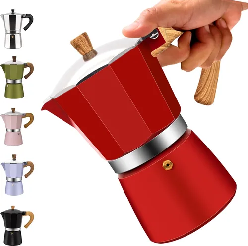 Miniatura 13 de Cafetera clásica de aluminio para 3 tazas, cafetera espresso de 5.1 fl oz, 5 onzas, cafetera de moca, olla greca, cafetera para café italiano y Azul