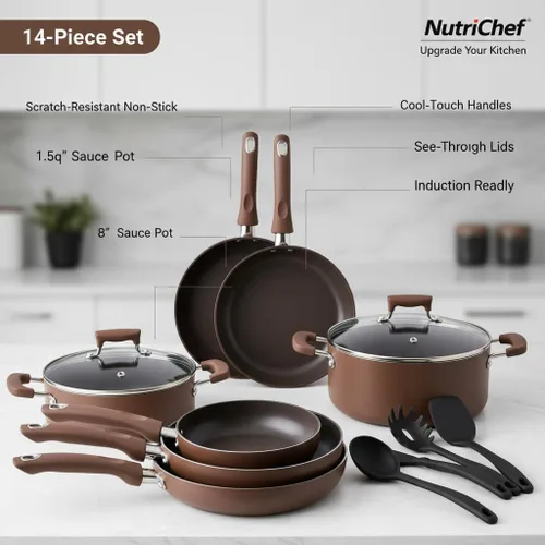 Miniatura 5 de NutriChef NCCW14SBR - Juego de utensilios de cocina antiadherentes de 14 piezas, ollas y sartenes de cocina resistentes a los arañazos con tapas