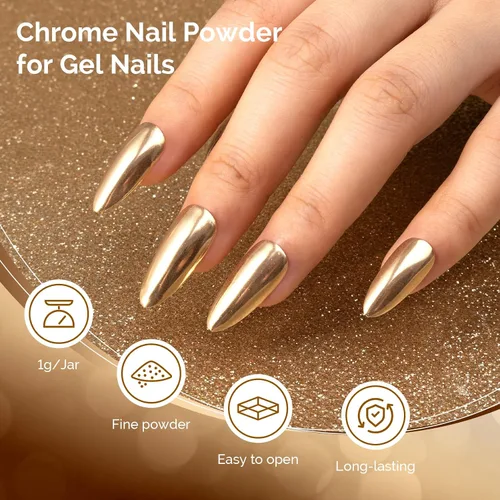 Miniatura 2 de MelodySusie Polvo para Uñas Oro Champán con Efecto Cromo para Uñas de Gel, Pigmento Metálico con Efecto Espejo, Purpurina Fina Elegante