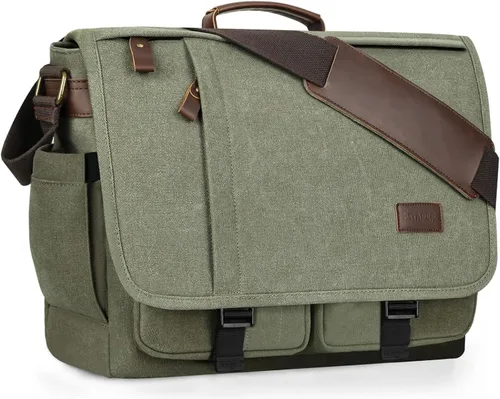 Miniatura 11 de ESTARER Bolsa de mensajero para laptop de 13 a 14 pulgadas, resistente al agua, bolsa de hombro de lona para universidad de negocios, gris