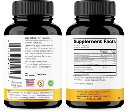 Miniatura 5 de Sandhu's Vitamina D3 K2 Magnesio 10000 IU, 120mcg K2 Cápsulas 60 unidades (paquete de 1) con VIT B6, zinc y quercetina D3K2 apoya la absorción