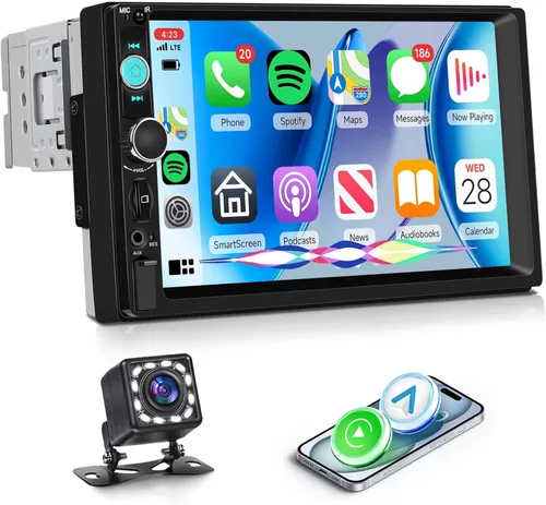 Reproductor Multimedia MP5 Estéreo para Automóvil Single DIN de 7 Pulgadas con Carplay Inalámbrico Android Auto, Radio de Coche de 1 DIN con