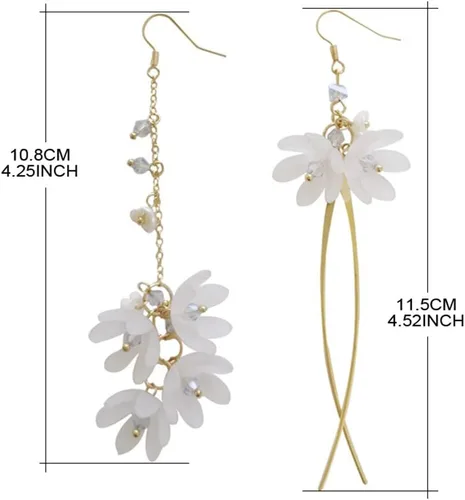 Miniatura 2 de Aretes de gota ligeros bohemios y elegantes, de acrílico, de cristal, asimétricos, con flores, color blanco, largo, pétalos colgantes para mujer