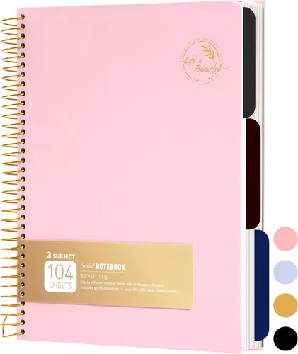 FLYING EAGLE Cuaderno de 3 materias en espiral grande de 8.5 x 11 pulgadas, color rosa para mujeres y hombres, papel grueso de 100 GSM, 104 hojas,