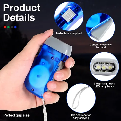 Miniatura 3 de 48 piezas de linterna de manivela sin necesidad de batería, luz de antorcha, luz manual, linterna de presión de 3 LED, luz de antorcha de presión