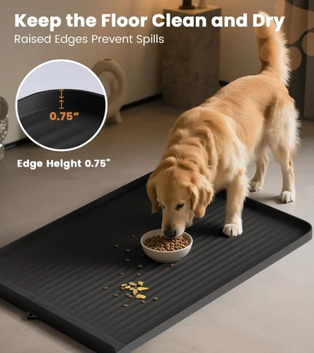 Miniatura 3 de Tapete de comida para perros de 36" x 24", tapete impermeable para alimentación de mascotas con ranuras de desviación y bordes elevados, tapete Negro