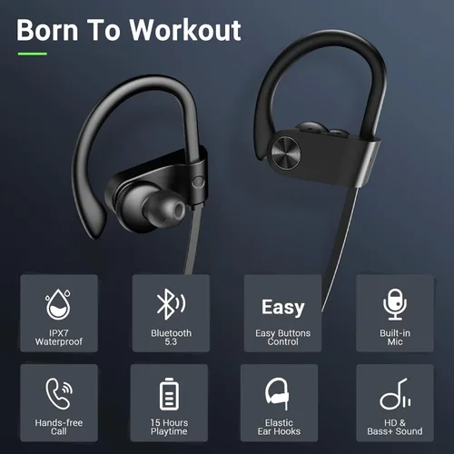 Miniatura 2 de Auriculares Bluetooth, Bluetooth 5.3 IPX7, impermeables, inalámbricos, deportivos, para gimnasio, 16 horas de reproducción, auriculares para correr