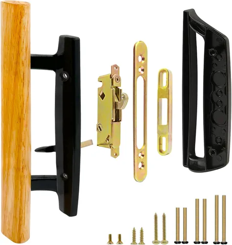 Miniatura 8 de Juego de reemplazo de manija de puerta corredera de patio de vidrio con manijas interiores de madera de roble y tirador exterior de zinc fundido a