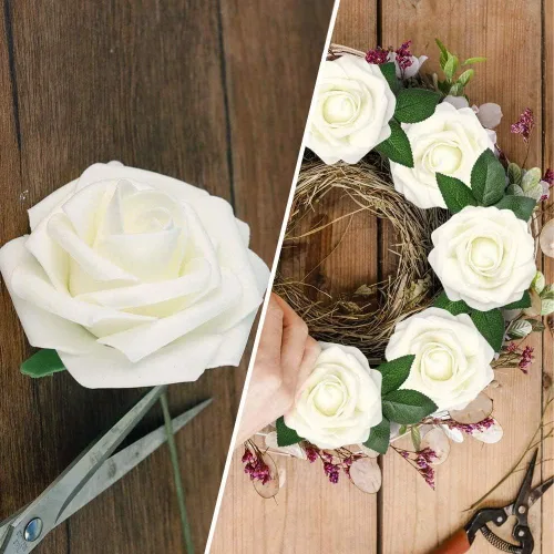 Miniatura 4 de Higfra Flores artificiales, 25 unidades, rosas falsas de aspecto real con tallos para ramos de boda, centros de mesa de baby shower, arreglos Crema