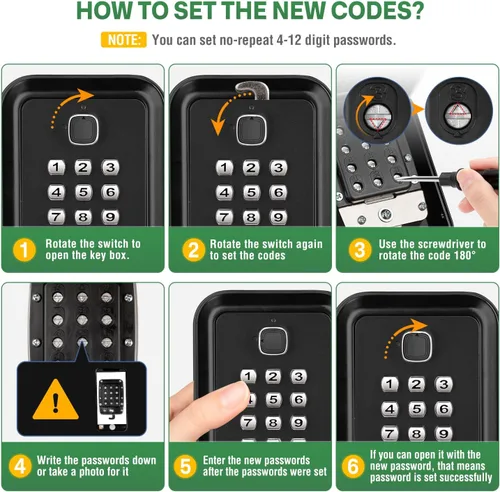 Miniatura 8 de HUANLANG Caja de seguridad para llaves con código, cajas de llaves impermeables para montaje en pared, 12 dígitos, teclado para llaves de casa