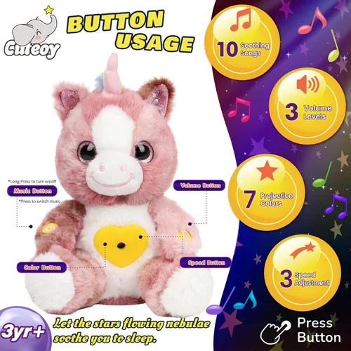 Miniatura 2 de Proyector de estrellas de unicornio rosa sucio de felpa, luz nocturna musical, ajustable, animales de peluche, juguetes de peluche brillantes