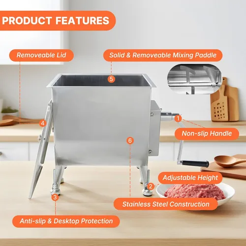 Miniatura 4 de Hakka Mezcladores de carne manuales de acero inoxidable de 10 litros/20 libras de capacidad con tanque fijo, máquina mezcladora de salchichas