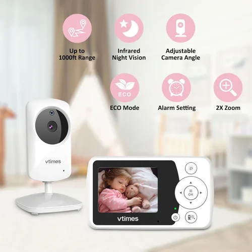 Miniatura 2 de VTimes Monitor de bebé 2 cámaras, pantalla LCD de 2.4 pulgadas, monitor de bebé sin visión nocturna WiFi Modo VOX alarma y rango de 1000 pies