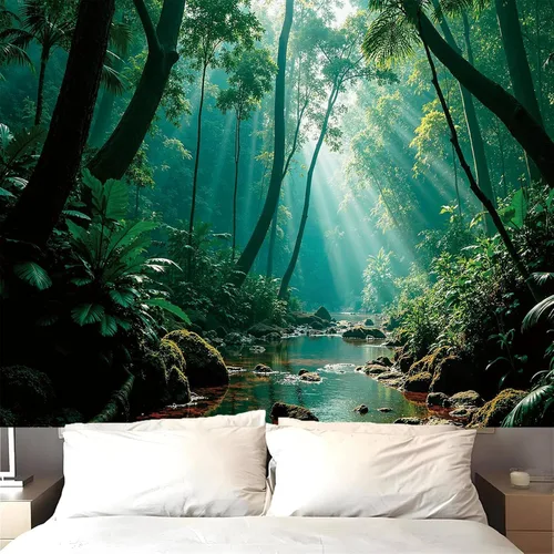 Miniatura 10 de Atrippy Tapiz verde de naturaleza forestal para dormitorio, paisaje brumoso, telón de fondo para colgar en la pared, mural de pared grande, tapices