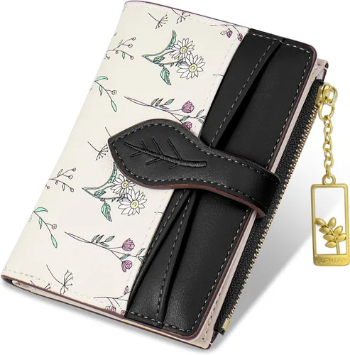 Carteras para mujer - Bloqueo RFID - Pequeña billetera con flores, cuero PU suave, plegable, bolsillo con cremallera para monedas, tarjetero con