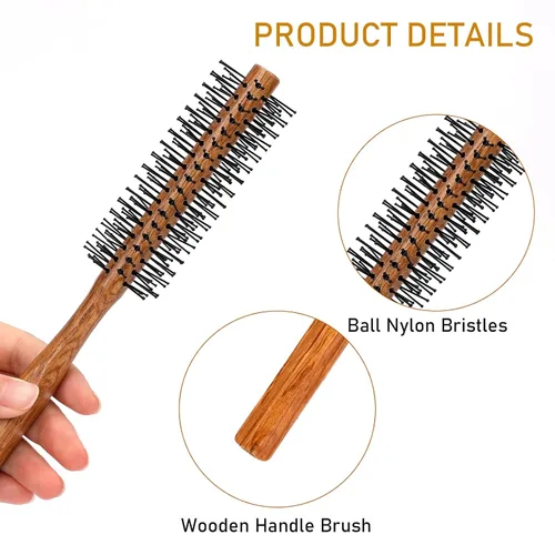 Miniatura 3 de Cepillo redondo con punta de bola con mango de madera y cerdas de nailon para cabello corto, flequillo, barbas de hombres y secado por soplado