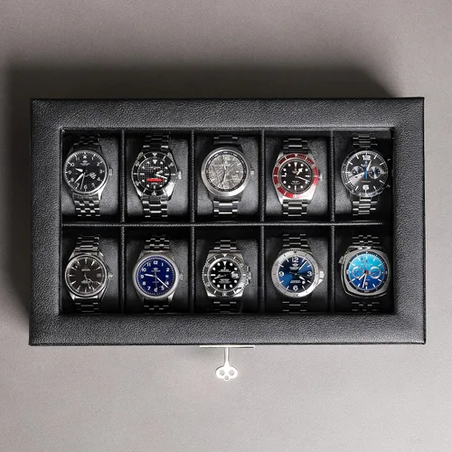 Miniatura 9 de ROTHWELL Caja de reloj de cuero con 10 ranuras, organizador de joyas de lujo, soporte para reloj con tapa de cristal grande, organizador de caja