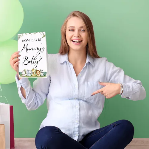 Miniatura 6 de Sabary 64 Piezas Juegos de Baby Shower Incluyen Letrero How Big is Mommy's Belly Sign Measure Bump Game 50 Tarjetas 10 Lápices 3 Cintas Métricas